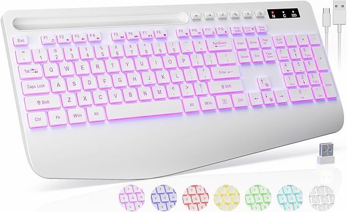Wireless Keyboard, 7 Colored Backlits, Wrist Rest