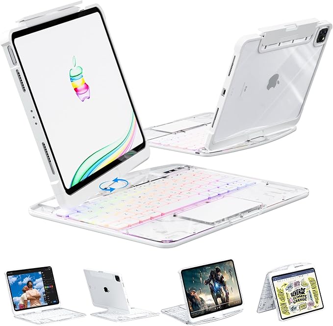 Transparent Case with Wireless Keyboard for iPad Air 11 Inch (M3/M2,2025/2024), 7 Colors Backlight, Multi-Touch Trackpad, 360° Rotating Stand Case for 10.9" iPad Air 5th/4th, 11" iPad Pro 4/3/2/1