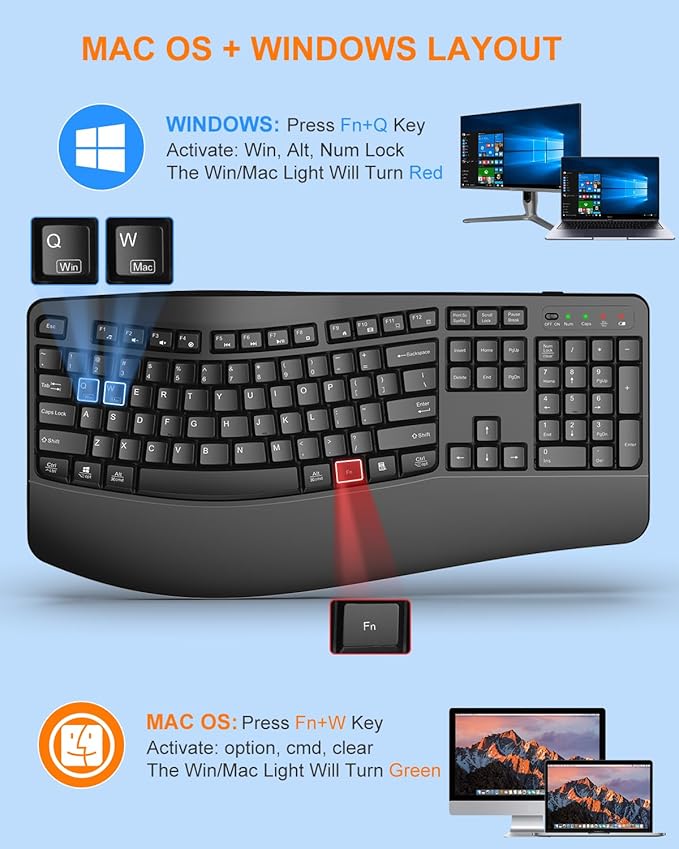 EDJO Ergonomic Wireless Keyboard for Large Hands, with Wrist Rest, Wave Keys, 2.4GHz Full Size Ergo Cordless USB Computer Keyboard, Comfortable Natural Typing, for Laptop, Mac, Windows (Black)