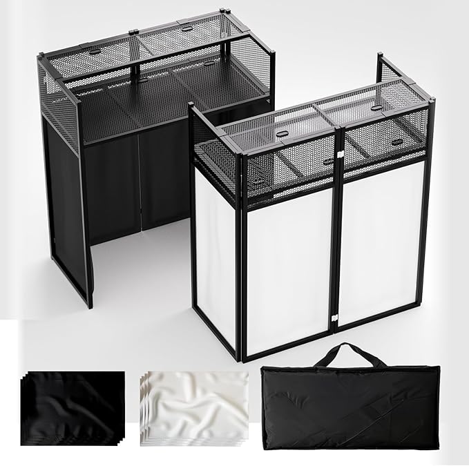 lunacme DJ Facade Booth Portable DJ Booth Table, Folding 2-Tier Workstation Table with Cable Management Holes, Adjustable Leveling Feet, Black & White Scrim Panels for Wedding Party Events(Upgrade)