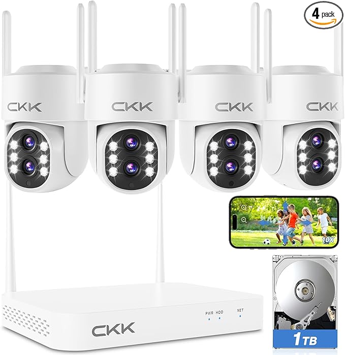 CKK 2.5K 4pcs Solar Security Camera System Wireless Outdoor with 128GB Card,360PTZ, PIR Motion Detection, Color Night Vision, 2-Way Talk, IP66 Waterproof, Audible & Floodlight Alarm for Home and Yard