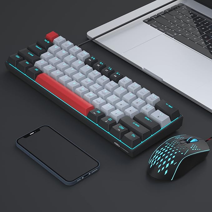 Gaming Keyboard and Mouse Combo, 60% Compact Mechanical Keyboard with Blue LED Backlit, PC Gaming Keyboards and Mouse,Detachable Type C to A Cable Wired Keyboards for PC/Laptop