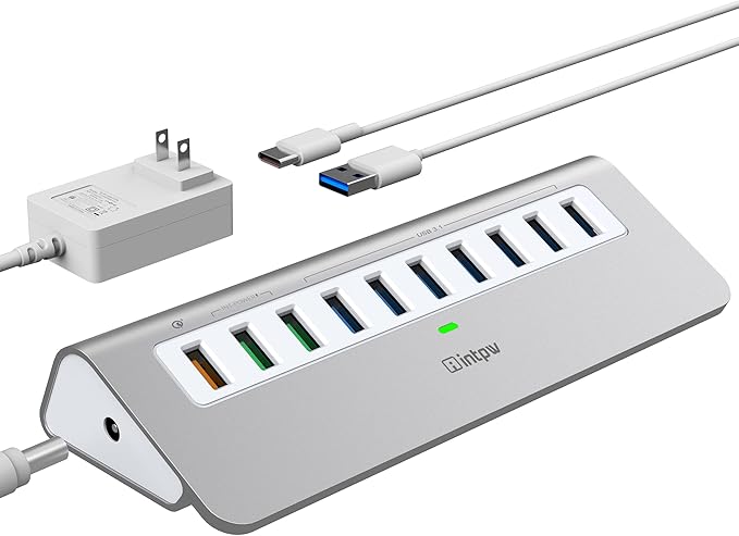 Powered USB Hub 10Gbps, 7 Port USB 3.2 Gen 2 Hub with 4 USB 3.2 Data Ports, 3 Fast Charging Ports, 36W Power Adapter, Type A and Type C Cable, Aluminum USB Hub for Laptop, Mac, PC
