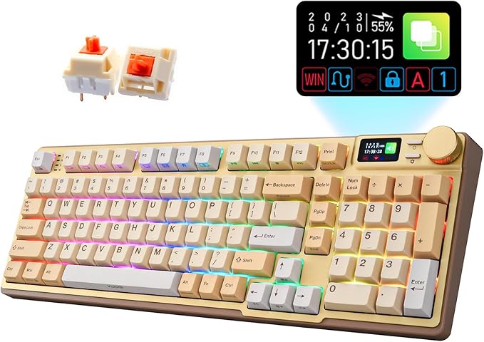 iRocks K85R Wireless RGB Backlit Mechanical Gaming Keyboard with LCD Display, Hot-Swappable Pre-lubed Brown Switches, 98 PBT Keys, USB-C Detachable Cable (Aurora Blue
