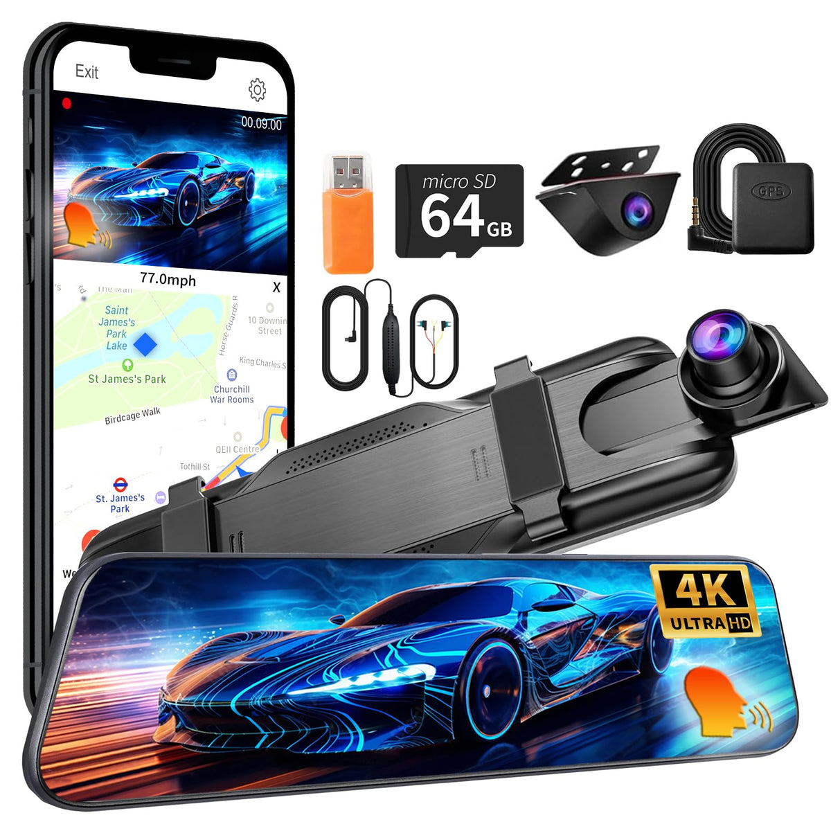 4K+2.5K Rearview Mirror Dual Dash Cam for Cars, Night Vision WiFi