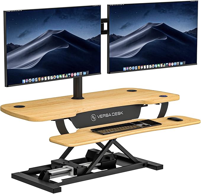 VERSADESK PowerPro 36 Inch Electric Standing Desk Converter – Push-Button Height Adjustable Sit to Stand Desk Riser for Dual Monitors & Laptop – Motorized Desktop Workstation with Wide Keyboard Tray