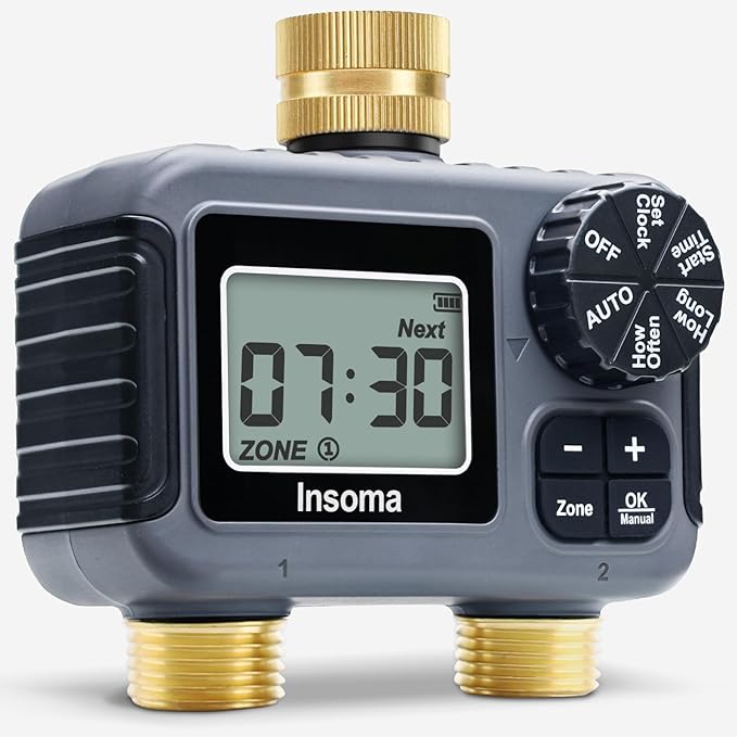 Insoma 2-Zone Sprinkler Timer, Programmable Garden Hose Timer with Auto/Manual/Rain Delay Modes | Water-Saving Irrigation Controller for Lawn, Yard & Drip Systems | Waterproof Design & Easy Setup