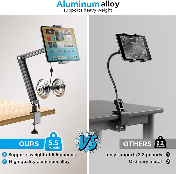 Jakeko Adjustable Tablet Mount for Desk - 360° Rotating Base Tall Arm Holder Stand for iPad Air/Pro/Mini Swivel Flexible Clamp Soporte para Tablet/Portable Monitor/Ereader