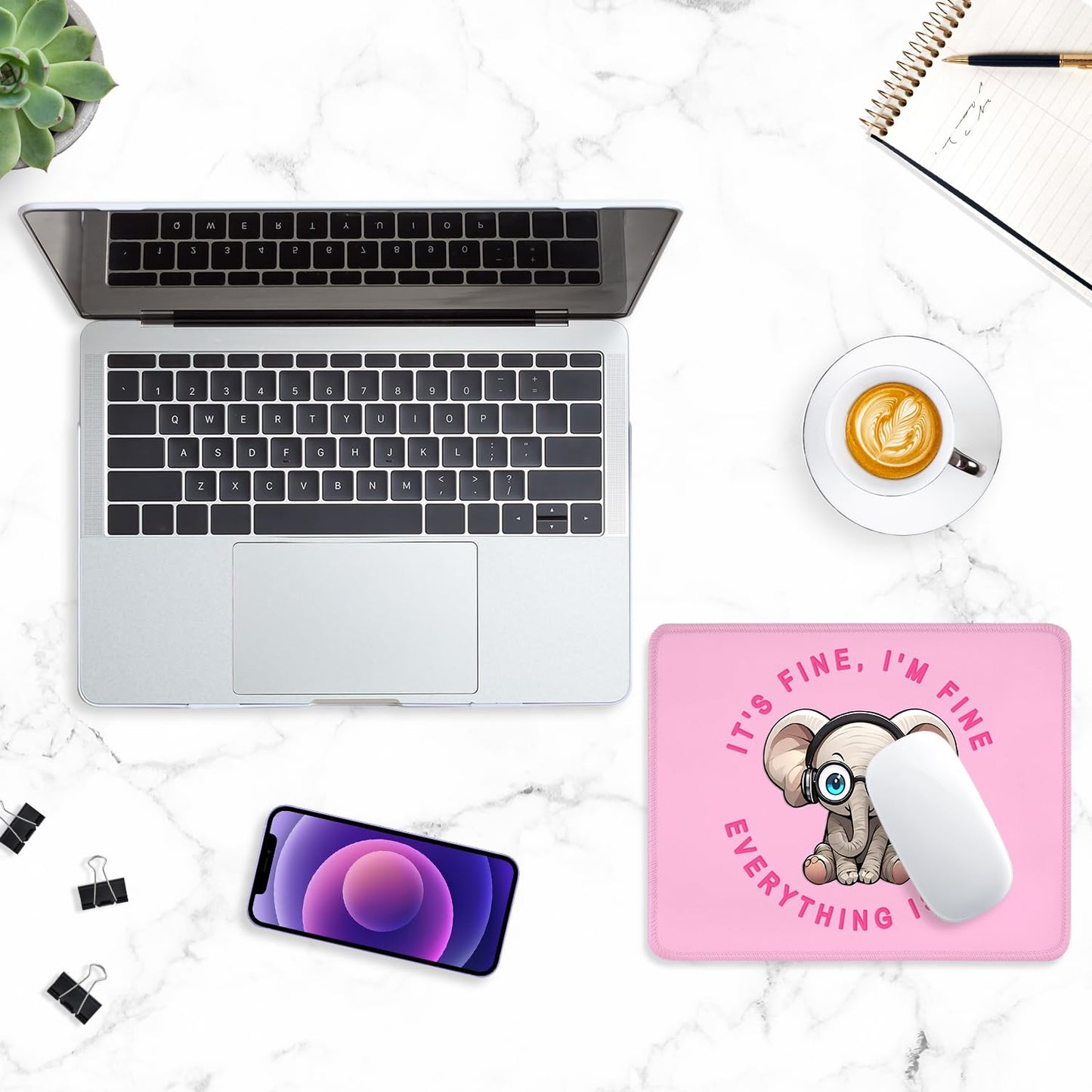 ITNRSIIET Mouse Pad with Stitched Edge Premium Textured Smooth Precise Operation Waterproof Washable Non-Slip Rubber Base Desktop Protection Mat, 10.2×8.3×0.12 inches, Pink Pretty Elephant
