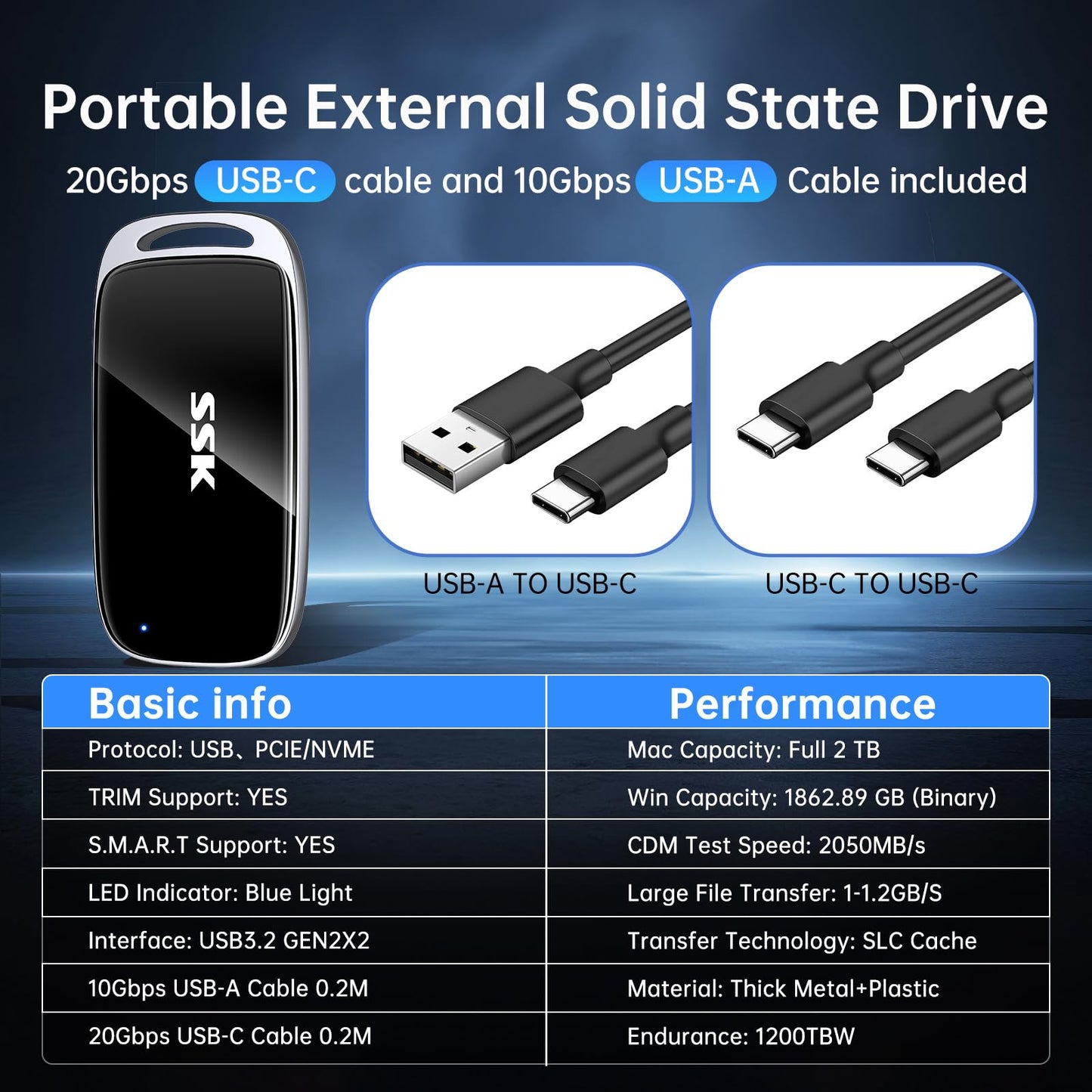 SSK 2TB Portable SSD External Solid State Hard Drive USB3.2 Gen2x2 20Gbps