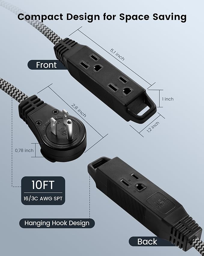 SURAIELEC 10FT 360° Rotating Flat Plug Extension Cord Flat Wall Plug with 3 Outlets, Braided Flat Black Extension Cord for Indoor Use, Small Space, 16/3C SPT, ETL Listed