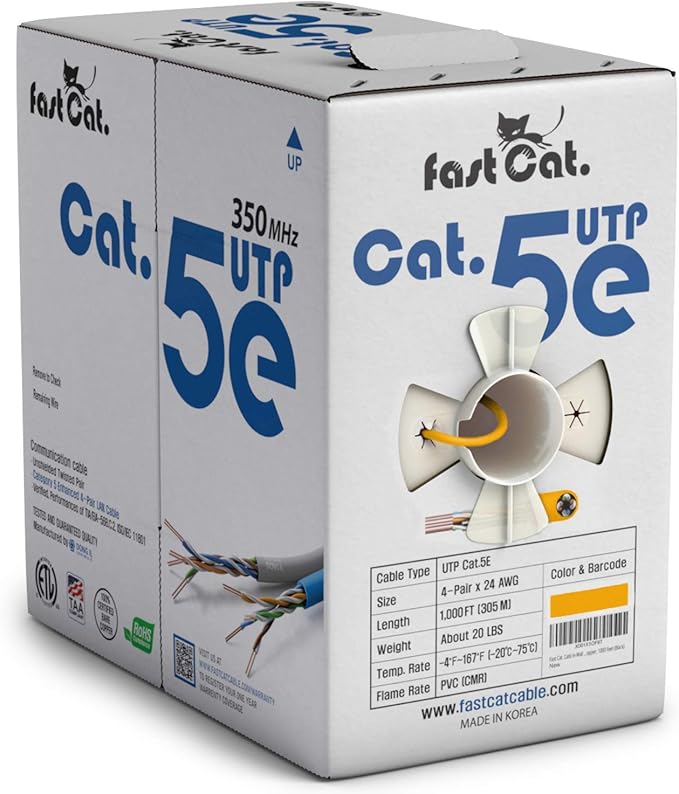 fast Cat. Cat5e Ethernet Cable 1000ft - ETL Listed 24 AWG, CMR, Insulated Bare Copper Wire Cat 5 ethernet Cable with FastReel - 350MHZ / Gigabit Speed UTP Cable Cat5e - CMR (Blue)
