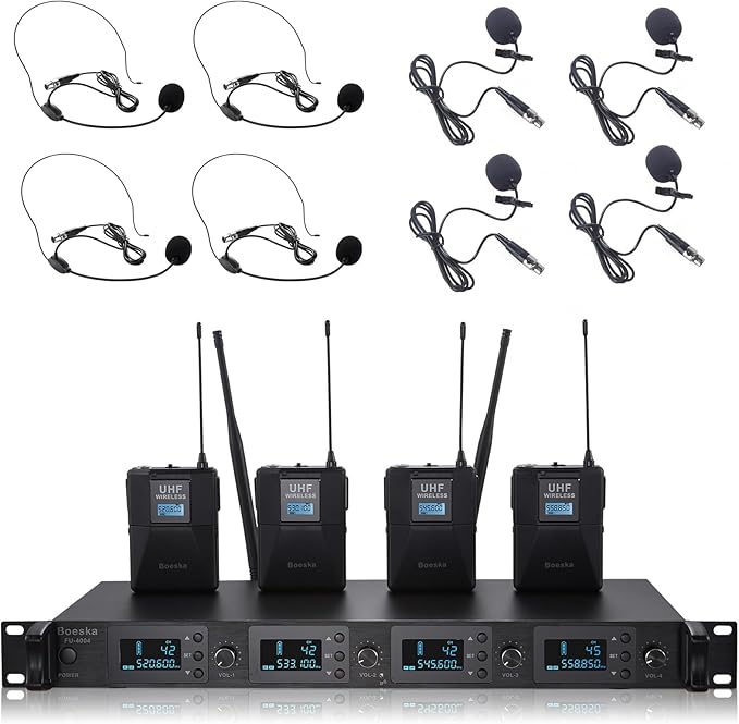 Boeska Wireless Microphone System, 4-Channel UHF Wireless Mic, Fixed Frequency Metal Cordless Mic with 4 Handheld Dynamic Microphones, 200ft Range, Mics for Singing