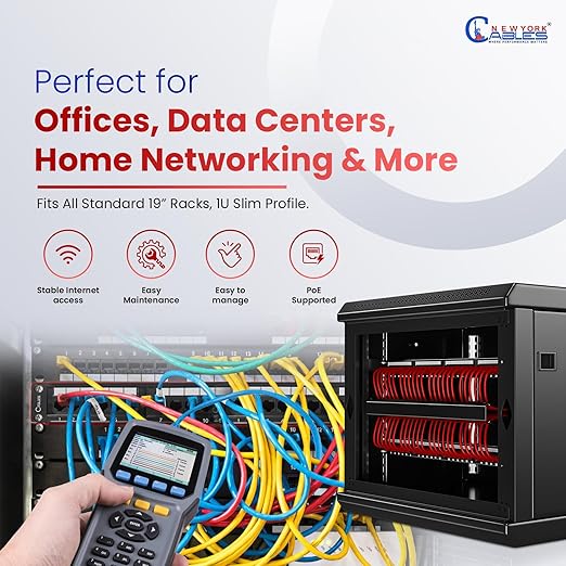 NewYork Cables 24 Port Cat6 Patch Panel β 10Gb Ethernet, 1U Rackmount 19-Inch, T568A/B Color-Coded Labels, Unshielded, 110/Krone Compatible, Black