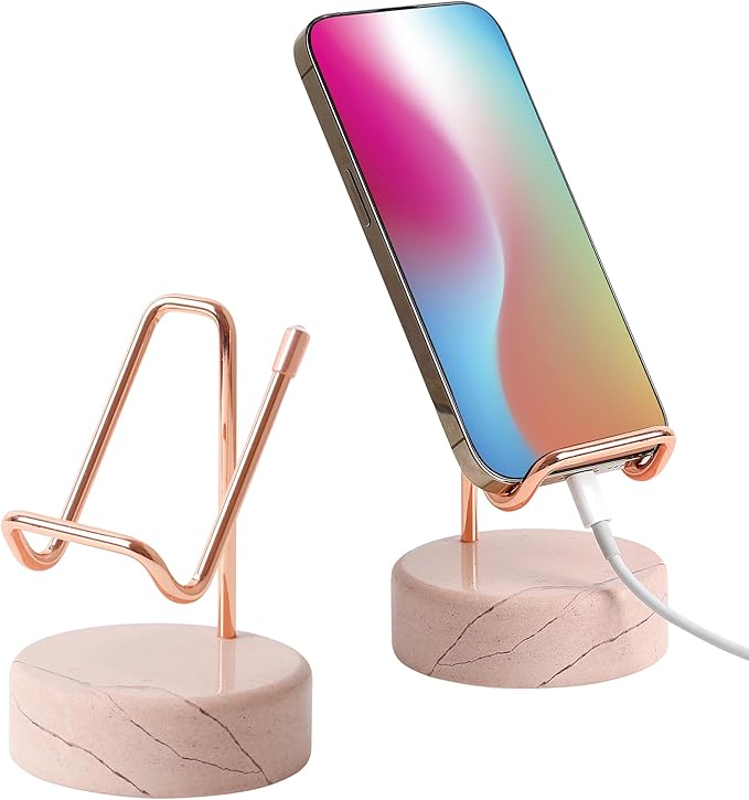 TransMarble Marble Phone Stand with Metal Holder, Charging Available While Using, Swipe Up to Unlock, Made of Natural Marble as Business Card Holder for Office Desk (Starry White + Gold)