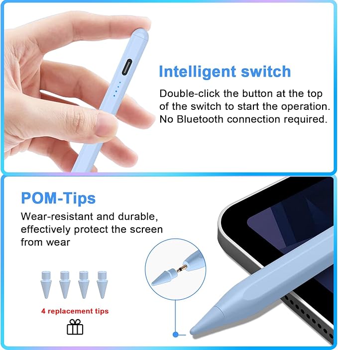 Stylus Pen for iPad 9th&10th - Type-c Charging Pencil for ipad Palm Rejection Active Pen Compatible with (2018-2025) Apple iPad 6/7/8/9/10/11(A16), Air 3/4/5/M2/M3, Mini 5/6, Pro 11"/12.9"/M4(Blue)