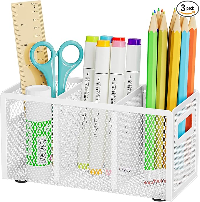 Marbrasse Mesh Pen Holder for Desk, Pencil Holder Desk Organizer 3 Adjustable Compartments, Pencil Cup with Handle Perfect for Classroom, Office, Home, Makeup