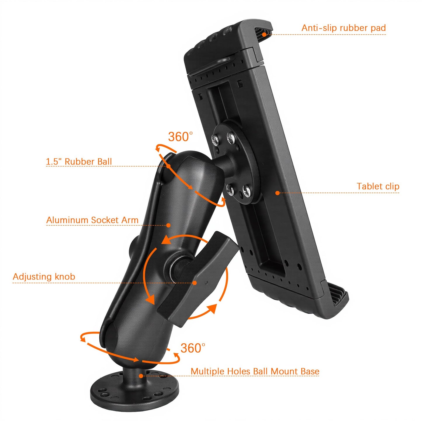 VINmounts Aluminum Heavy Duty Shockproof Tablet Mount for Truck,1.5" Ball Drill Base Tablet Holder for Car, Compatible with 7.5''-13'' Tablets/iPad, iPad,for Car,Boat, Dashboard,RV