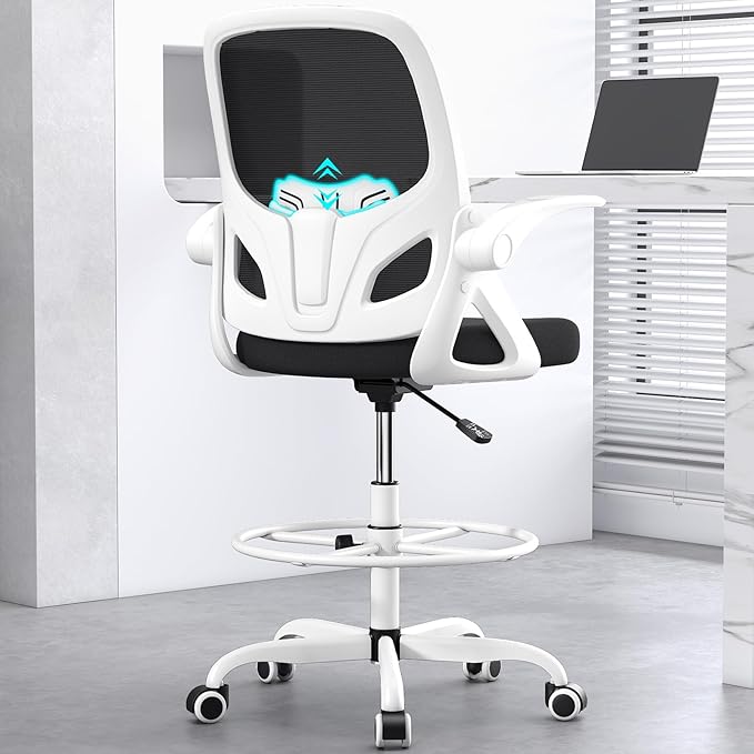 Kensaker Drafting Chair Tall Office Chair, Ergonomic Standing Desk Chair with Adjustable Foot Ring and Flip-up Armrests, Mesh Computer Chair for Art Studio, Gray