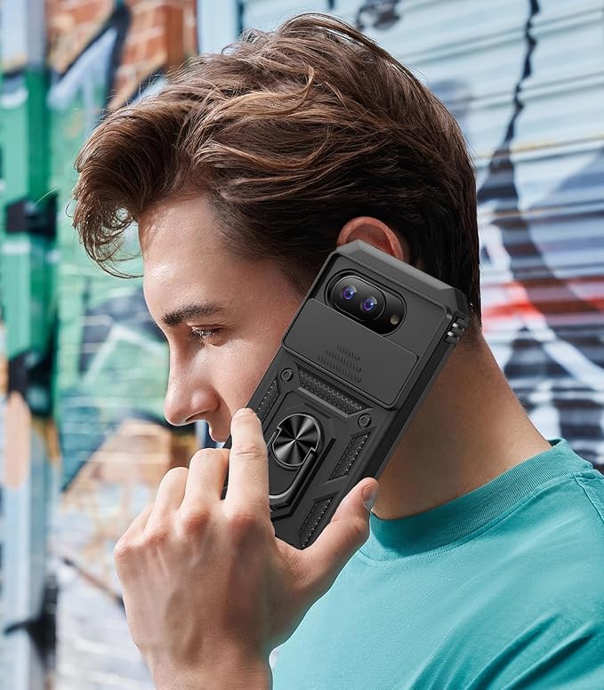 Taisairu for Google Pixel 9A Case with Screen Protector & Slide Camera Lens Cover, Built-in 360°Rotate Magnetic Ring Stand Shockproof Protective Phone Case for Google Pixel 9A Case (Black)