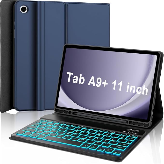 Keyboard Case for Samsung Galaxy Tab A9 Plus 5G 11 inch 2023 (SM-X210/X216/X218), 7 Color Backlit Detachable Keyboard Bluetooth, Smart Folio Cover with S Pen Holder for Galaxy Tab A9+ 11"(Dark Green)