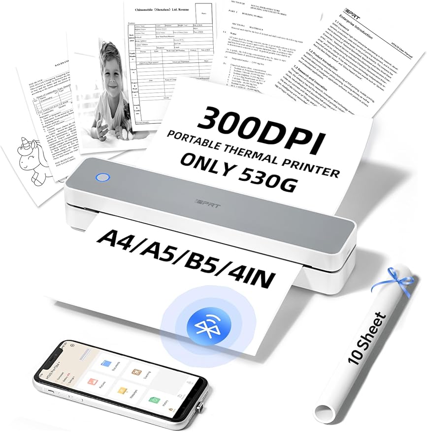 iDPRT MT610Pro Portable Thermal Printer, 300DPI HD Mobile-Travel-Printers, Inkless-Wireless-Small-Printer for Home Use, Office, Vehicles, Bluetooth Printers Supports 8.5" x 11" US Letter&A4&A5