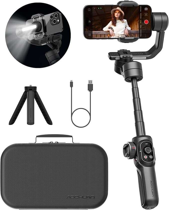 AOCHUAN Gimbal Stabilizer for Smartphone, Phone Gimbal w/8" Extension Rod, Profession 3-Axis Stabilizer w/RGB Magnetic Fill Light for Video Recording, Compatible w/iPhone/Andriod-Smart S2 Kit