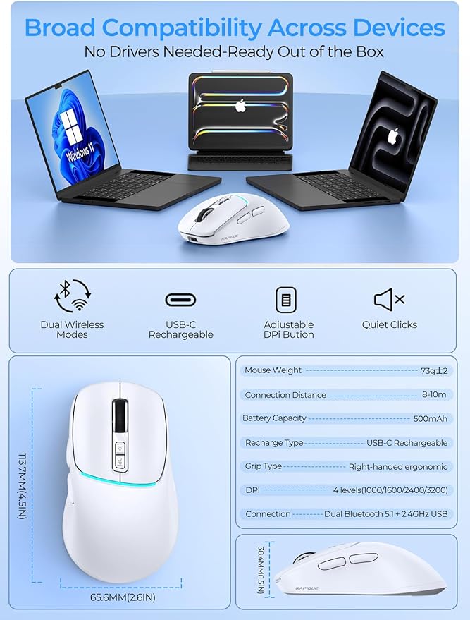 R108 Wireless Bluetooth Mouse – Dual Bluetooth & 2.4GHz USB Receiver, 4 DPI Levels (1000–3200), USB-C Rechargeable, Ergonomic Right-Hand Grip, Silent Click, for Computer/Mac/Laptop - White
