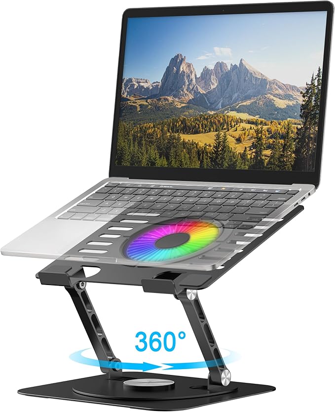 YTech Laptop Stand,with 360°Rotating Base,External Cooling Fan,Adjustable RGB Lighting,Ergonomic Foldable Notebook Computer Holder.Compatible with All 10-17" Laptops Tablets