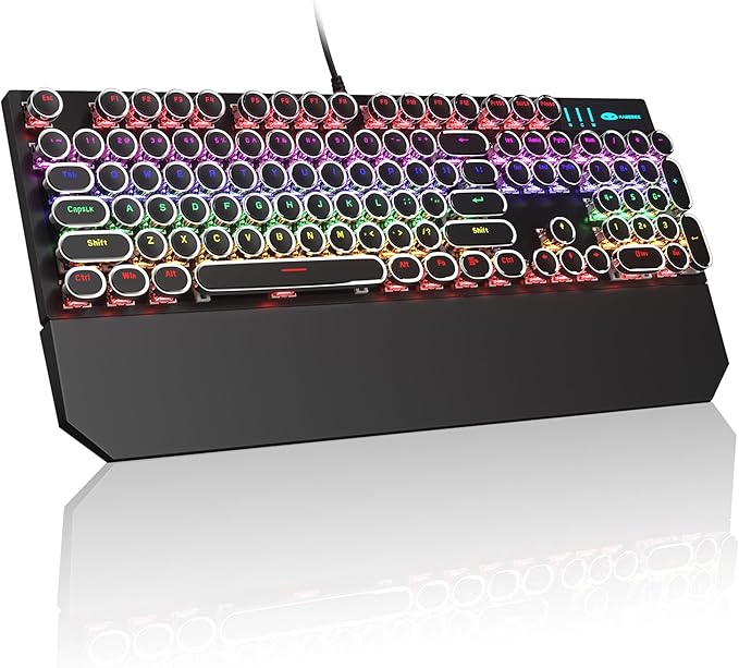 MageGee Typewriter Mechanical Gaming Keyboard, Retro Punk White Round Keycaps, 104 Keys LED Blue Backlit Wired Keyboards for Laptop MAC PC Gamer, with Magnetic Wrist Rest, Blue Switch