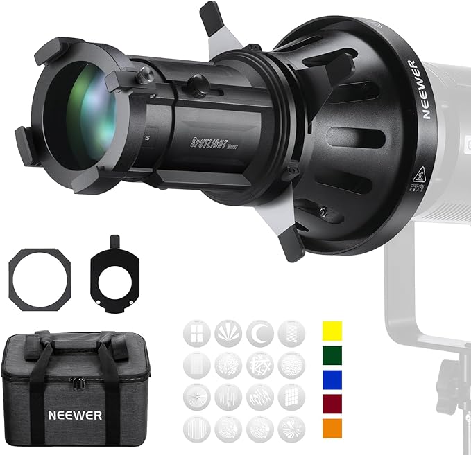 NEEWER Spotlight Snoot with 40° Projection Lens, Adjustable Focus, 16 Metal Gobos 5 Color Gels, Bag, Conical Snoot for Bowens Mount LED Continuous Output Lighting Studio Video Light Up to 300W