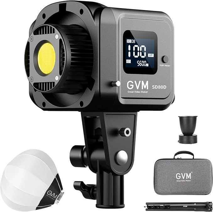 GVM Great Video Maker GVM 80W Bi-Color COB Video Light Kit, 2700K~7500K Continuous Lighting for Photography with Bowens Mount Softbox&Stand, 8 Effects Support AC Adapter & NP Battery