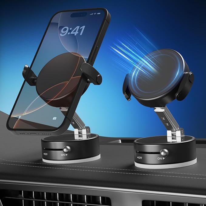Upgraded 360° Adjustable Vacuum Magnetic Phone Holder, Vacuum Magnetic Suction Phone Mount with Clamp Foldable Phone Holder for Car/Gym/Mirror/Smooth Surface, Suitable with All Smartphones (White)