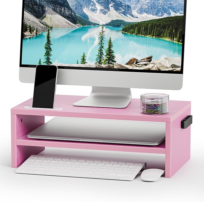 Marbrasse Monitor Stand Riser, 2 Pack 16.5 Inch 2 Tier Computer Monitor Stand, Printer Shelf Stand for Laptop Computer Screen Storagek,Desktop Stand with Phone Holder and Cable Management