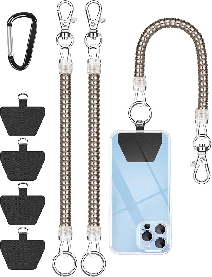 SHANSHUI Phone Lanyard Tether, Anti Theft Spring Phone Strap, 4 x Phone Pacthes & Climbing Hook Universal Phone Lanyard for Keys Outdoor Skiing Hiking Fishing Fitting for All Smartphones - 2PCS Black