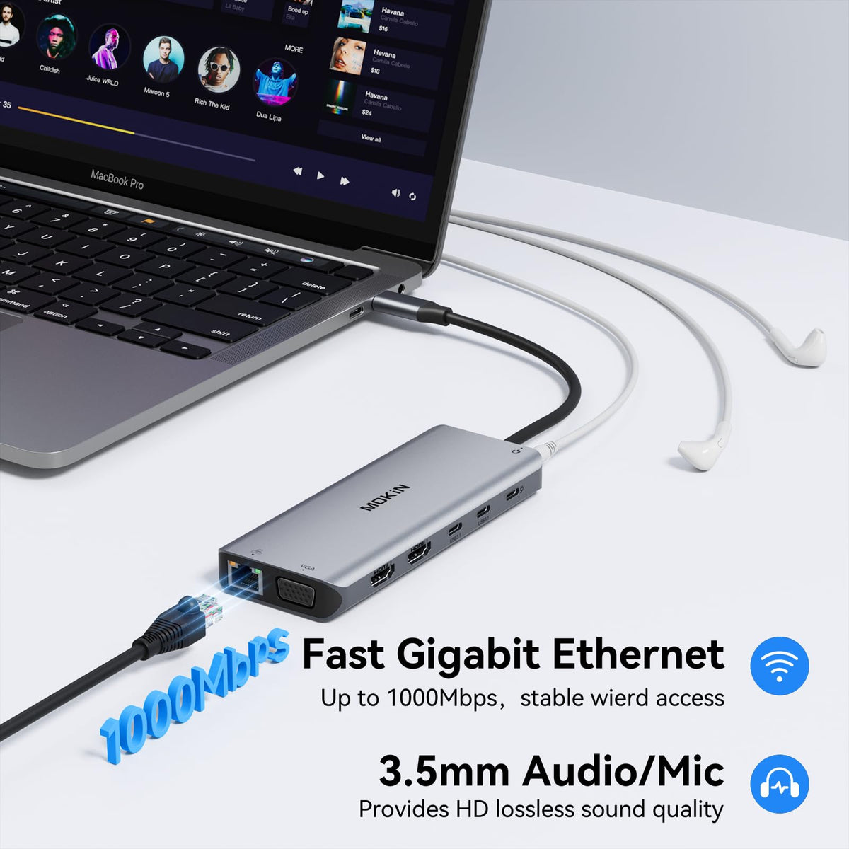 USB C Laptop Docking Station Dual Monitor, 14 in 1 Docking Station 3 Monitors Multiport Adapter with 2 HDMI 4K, VGA, RJ45 Ethernet, 10Gbps USB C/A, 100W PD, SD/Micro SD, 3.5MM Audio&Mic for Dell HP