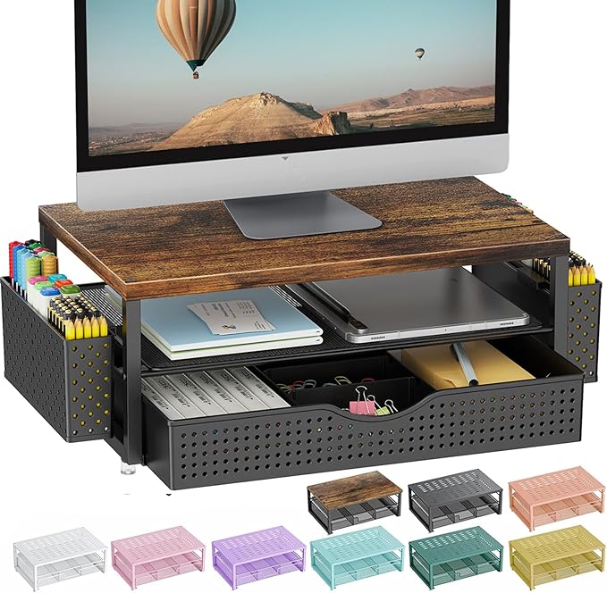 gianotter Desk Organizers and Accessories, Monitor Stand with Drawer and 2 Pen Holder, Desktop Organizer Suitable for Offices and Dormitories (Blue)