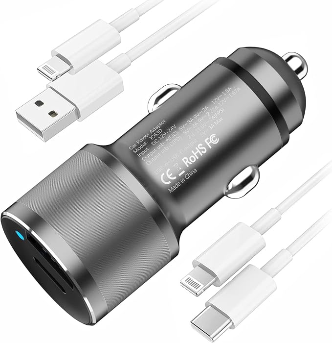 MOCA USB-C Car Charger, 51W USB-C & USB-A 2-Port PD/QC 3.0 Car Power Adapter W/ 2pcs 3.3ft A-P/C-P Cable Car Charger for iPhone 17/16/15 Series, Samsung Galaxy S25/S24/S23 Series, iPad Pro, AirPods