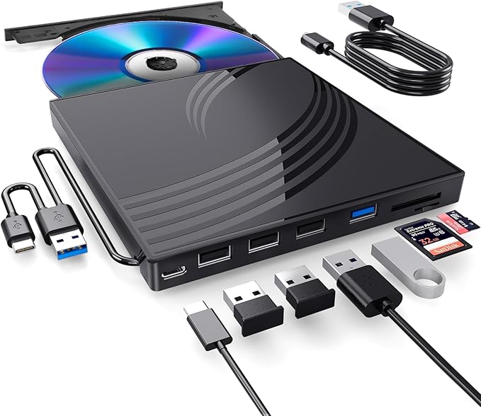 BPAKDU External CD/DVD Drive for Laptop, Ultra Slim CD Burner USB 3.0 Hub with 4 USB Ports, 2 TF/SD Card Slots,1 Type-C Port,DVD Player for Laptop Compatible with mac OS/Windows/Linux (Silver)