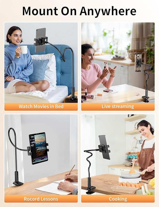 bokilino Gooseneck Tablet Holder Stand for Bed Adjustable Flexible Long Arm Tablets Mount Clamp on Table Compatible with iPad Air Mini | Galaxy Tabs | Kindle Fire | Switch or Other 4.7-12.9" Devices