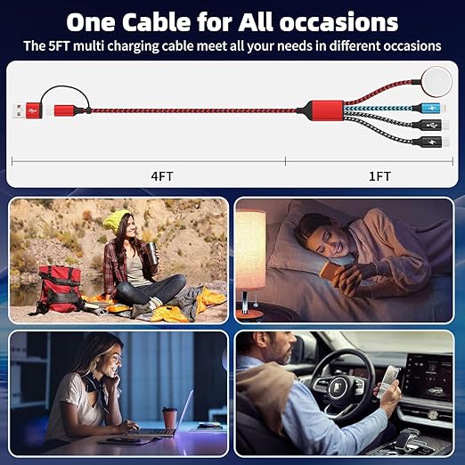 Travel Essentials 4in2 Multi Charging Cable for Apple Watch Charger,USB A/C to Dual Type C/IP/iWatch Charger,Travel Chargers for Multiple Devices Compatible with iWatch Series&iPhone 16-12(2PACK,5FT)