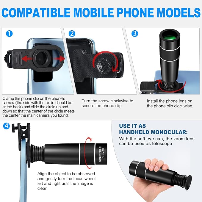 22X Long Focus Telephoto Phone Lens for iPhone and Android, Zoom Cellphone Camera Lens with Phone Clip for Picture Video Taking