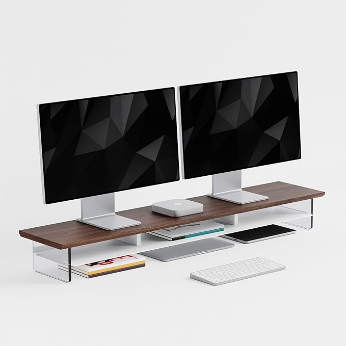 FENSULN Dual‑Tier Monitor Stand for Modern Desk Setup – Minimalist Wooden and Metal Riser Shelf with Transparent Acrylic Feet for Dual Monitors, Laptops, Home Office Aesthetic,Beige and White