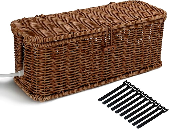 Cable Management Box, Desk Handwoven Rattan Cord Hider Cable Organizer Box With Lid Button Lock, Power Strip Cover Wicker Decorative Basket, Floor Wire Hiding Extension Cord Box (grey)