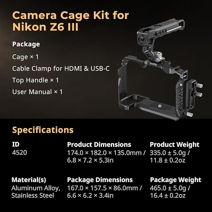 SmallRig Z6 III Camera Cage Kit for Nikon Z6 III, with Top Handle and Cable Clamp, Aluminum Alloy Camera Full Cage Kit with Anti-Twist Design, Built-in Quick Release Plate for Arca-Swiss - 4520