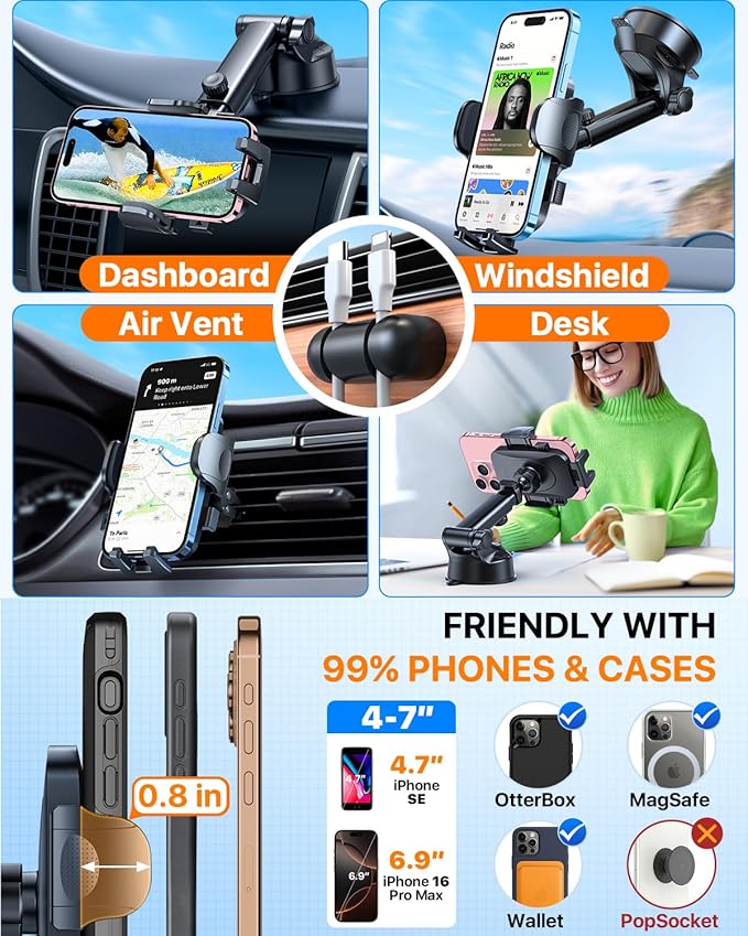 HTU 2025 Best Car Phone Holder ใUltimate 5-in-1 & Upgraded 100+LBS Strongest SuctionใใTrue Military-Grade & Safety Certใ 360ยฐ Windshield Dashboard Vent Mount Stand for iPhone Android & Truck, Black