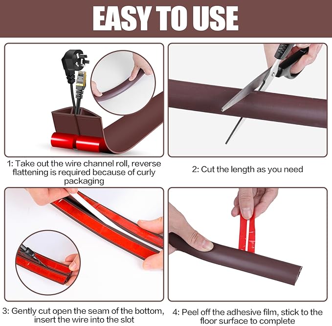 Floor Cord Cover Cavity 0.8"x0.37" Self Adhesive Cord Hider, 10FT Low Profile Cable Management, Extension Strip Protector for Wires, Prevent Cable Trips for Offices, Gyms, Exhibitions(Coffee)