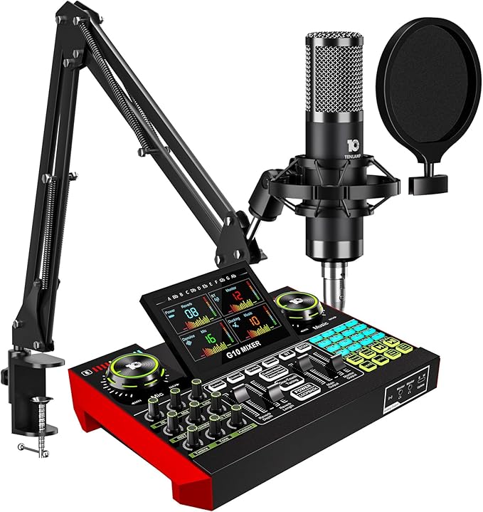 CryoSurf G10 Podcast Equipment Bundle with 3.5mm Condenser Microphone for Pc/Phone Live Streaming Singing Gaming, Podcast Microphone Bundle with Live Sound Board Audio Mixer Denoise,DJ Sets