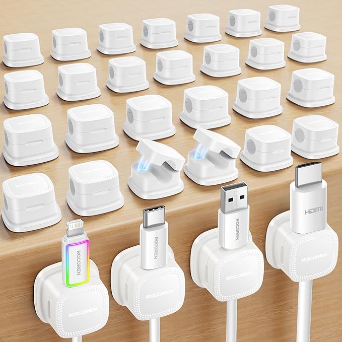 Rocoren 30-Pack Magnetic Adjustable Cable Clips Cord Organizer