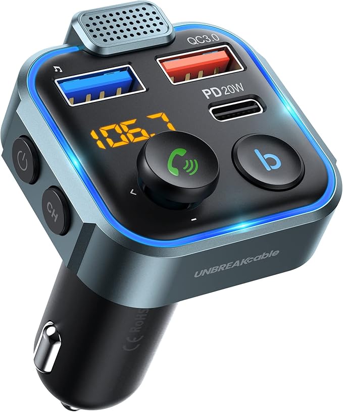 UNBREAKcable Bluetooth FM Transmitter for Car, PD 38W Fast Charging, Wireless Bluetooth FM Radio Adapter, Car Kit with Hands-Free Calls, HiFi Bass Boost MP3 Music Player Support USB Drive